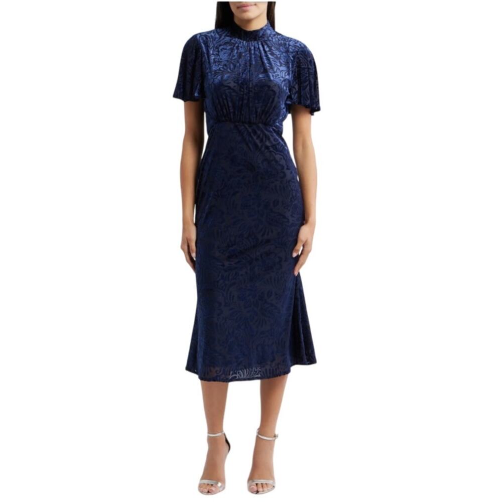 Julia Jordan Short Sleeve Velvet Burnout Midi Dress Blue Size 14 Elegant Style